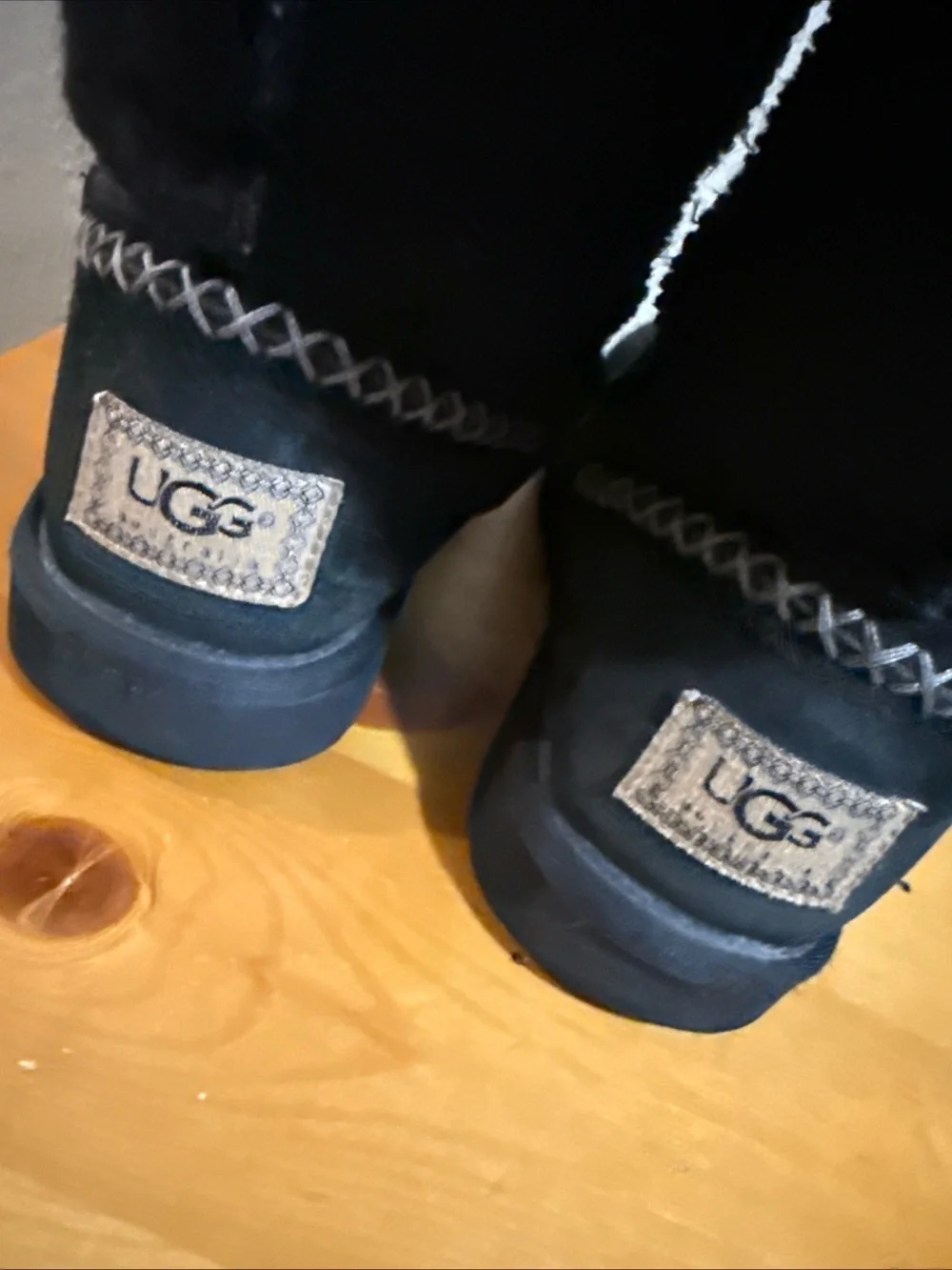 UGG Australia tall suede Black Winter Boots with Sherpa Trim and Pom Tie